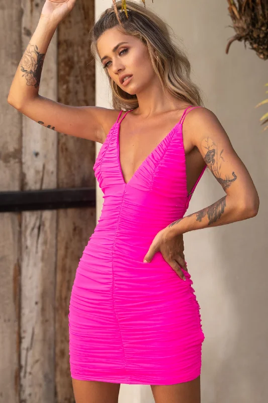 "Comfortable maternity dresses for pregnant women"Dancing Queen Strappy Back Ruched Mesh Dress Hot Pink "Comfortable maternity dresses for pregnant women"Dancing Queen Strappy Back Ruched Mesh Dress Hot Pink