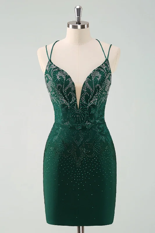 "Seasonal Sale: Save Big on Women's Dresses for Every Occasion"Dark Green Bodycon Spaghetti Straps Short Homecoming Dress with Beading "Seasonal Sale: Save Big on Women's Dresses for Every Occasion"Dark Green Bodycon Spaghetti Straps Short Homecoming Dress with Beading