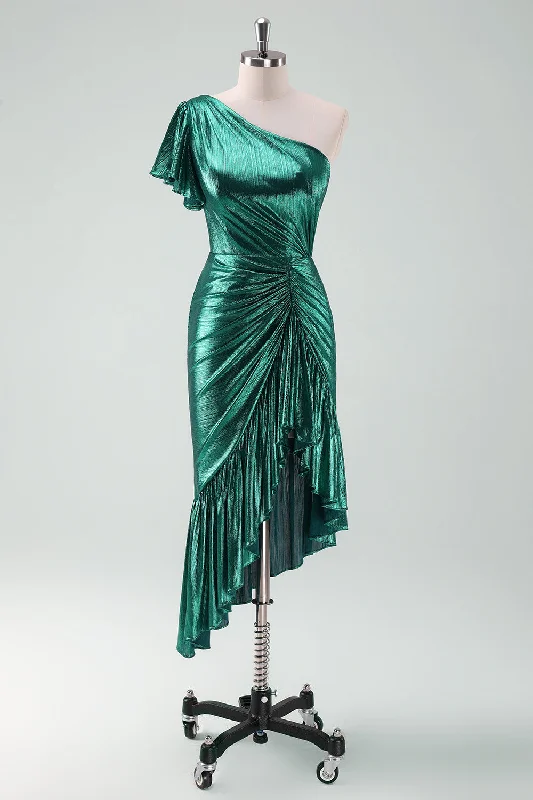 "Denim dresses for women for a casual and cool style"Dark Green Metallic One Shoulder Mermaid Cocktail Dress with Ruffles "Denim dresses for women for a casual and cool style"Dark Green Metallic One Shoulder Mermaid Cocktail Dress with Ruffles