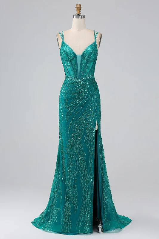 "Work - appropriate dresses for professional women"Dark Green Sparkly Mermaid Spaghetti Straps Corset Prom Dress With Slit "Work - appropriate dresses for professional women"Dark Green Sparkly Mermaid Spaghetti Straps Corset Prom Dress With Slit