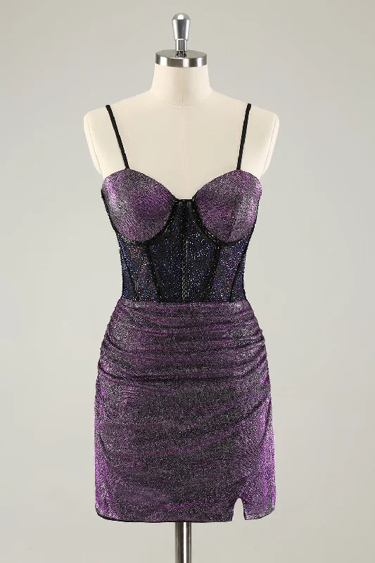 "Denim dresses for women for a casual and cool style"Dark Purple Spaghetti Straps Corset Glitter Short Homecoming Dresses "Denim dresses for women for a casual and cool style"Dark Purple Spaghetti Straps Corset Glitter Short Homecoming Dresses