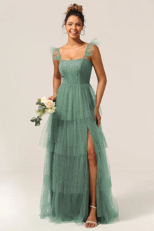 "Off - shoulder dresses for women to show off collarbones"Detachable Straps A Line Eucalyptus Tiered Long Bridesmaid Dress "Off - shoulder dresses for women to show off collarbones"Detachable Straps A Line Eucalyptus Tiered Long Bridesmaid Dress
