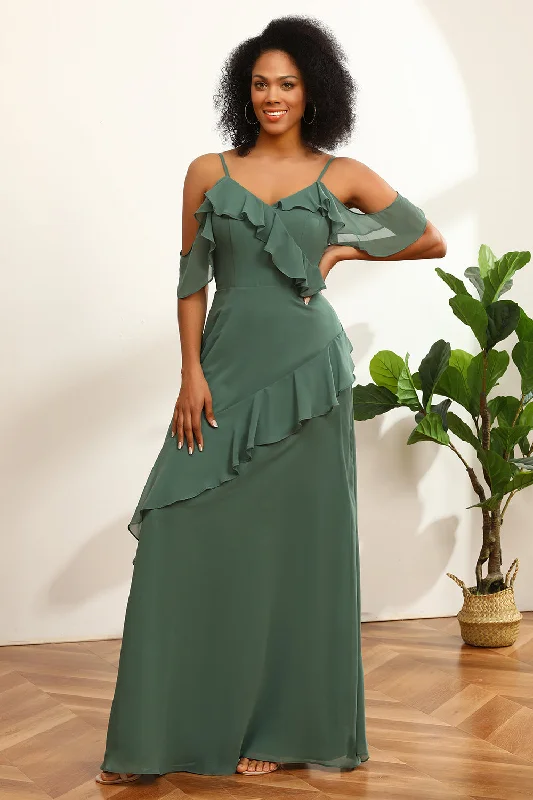 "A - line dresses for women to flatter the figure"Eucalyptus Spaghetti Straps Long Bridesmaid Dress with Ruffles