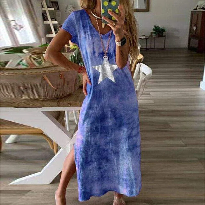 Sporty - Inspired Maxi Dresses for Active LifestylesFashionSierra - Fashion Women Tie-dye Long Maxi Loose Dress Ladies Short Sleeve V Neck Summer Holiday Party Beach Sundress