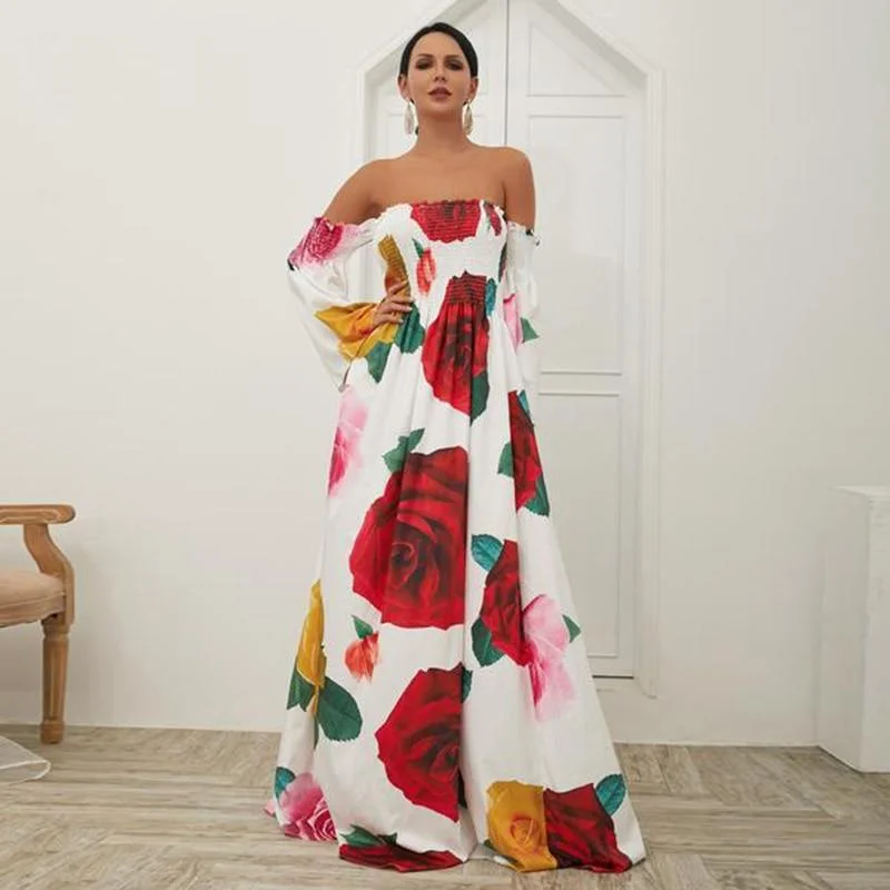 Maxi Dresses Decorated with Feathers for a Dazzling LookFashionSierra - Flared sleeve off shoulder bohemian dress Women floral printed long dress Autumn fashion vacation maxi dress Boho vestidos
