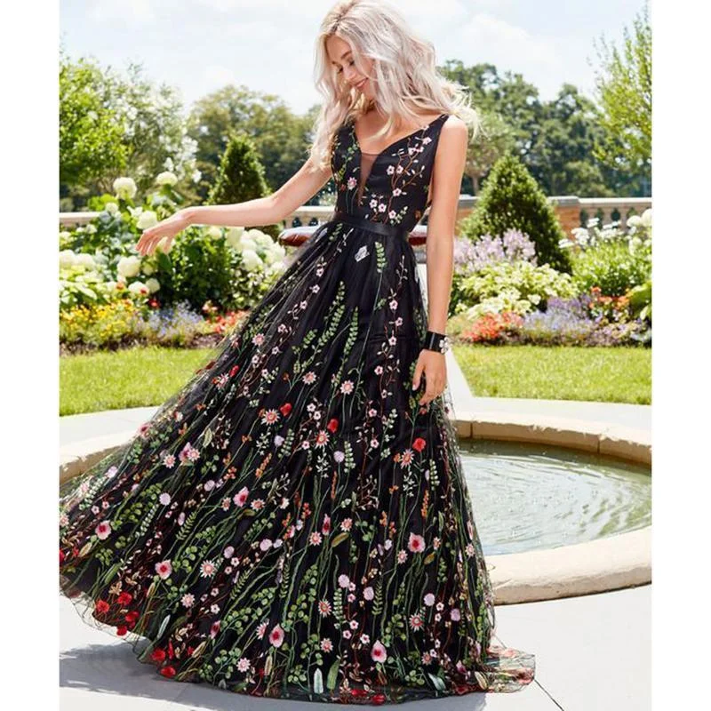 Cool Leather Maxi Dresses for a Rock - Chic StyleFashionSierra - Flower embroidery maxi dress Women Backless v neck long party dress Elegant sleeveless plunging mesh dress summer vestidos