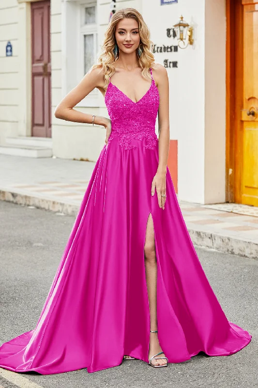 "Ruffled dresses for women for added femininity"Fuchsia A Line Spaghetti Straps Long Prom Dress with Appliques "Ruffled dresses for women for added femininity"Fuchsia A Line Spaghetti Straps Long Prom Dress with Appliques