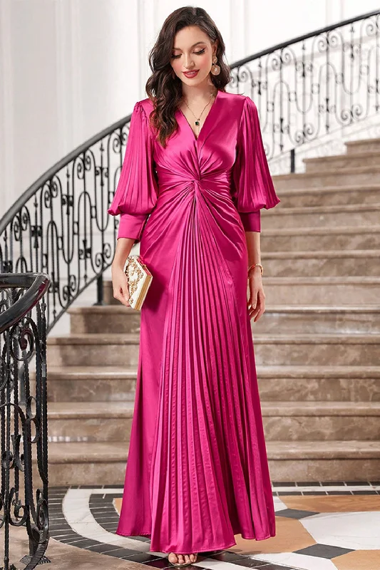 "Petite women's dresses with flattering fits"Fuchsia Pleated Long Prom Dress with Lantern Sleeves "Petite women's dresses with flattering fits"Fuchsia Pleated Long Prom Dress with Lantern Sleeves