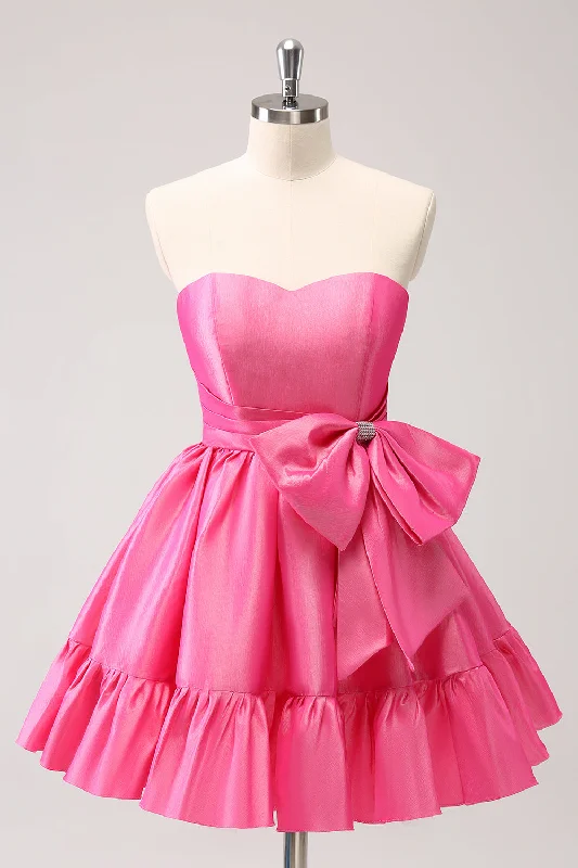 "Comfortable maternity dresses for pregnant women"Fuchsia A-Line Strapless Ruffle Short Homecoming Dress with Bow "Comfortable maternity dresses for pregnant women"Fuchsia A-Line Strapless Ruffle Short Homecoming Dress with Bow