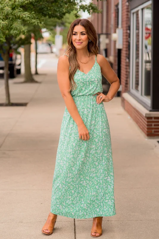 Maxi Dresses for Company Annual MeetingsGeo Leaves Thin Strapped Maxi Dress