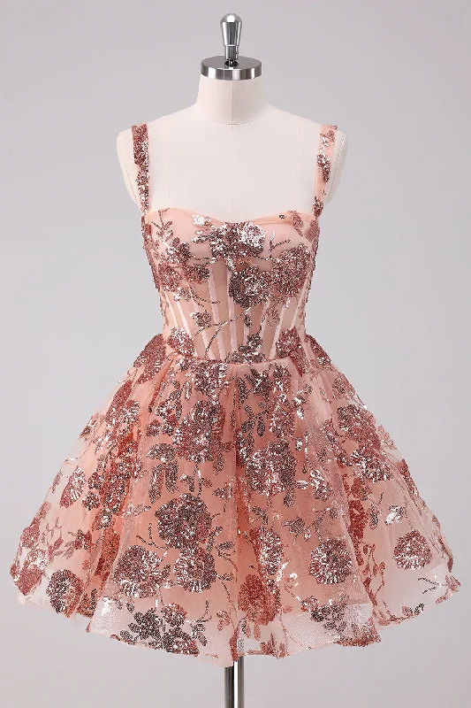 "Trendy casual dresses for women to wear at the beach"Glitter Blush A-Line Spaghetti Straps Sequins Tulle Corset Homecoming Dress "Trendy casual dresses for women to wear at the beach"Glitter Blush A-Line Spaghetti Straps Sequins Tulle Corset Homecoming Dress