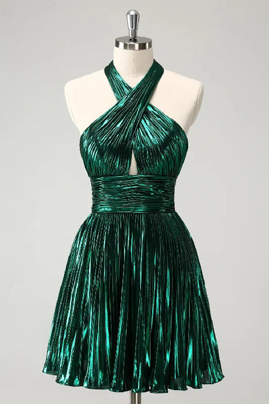"Buy One, Get One 50% Off on Women's Dresses - Don't Miss Out!"Glitter Dark Green Halter A-Line Pleated Metallic Homecoming Dress "Buy One, Get One 50% Off on Women's Dresses - Don't Miss Out!"Glitter Dark Green Halter A-Line Pleated Metallic Homecoming Dress