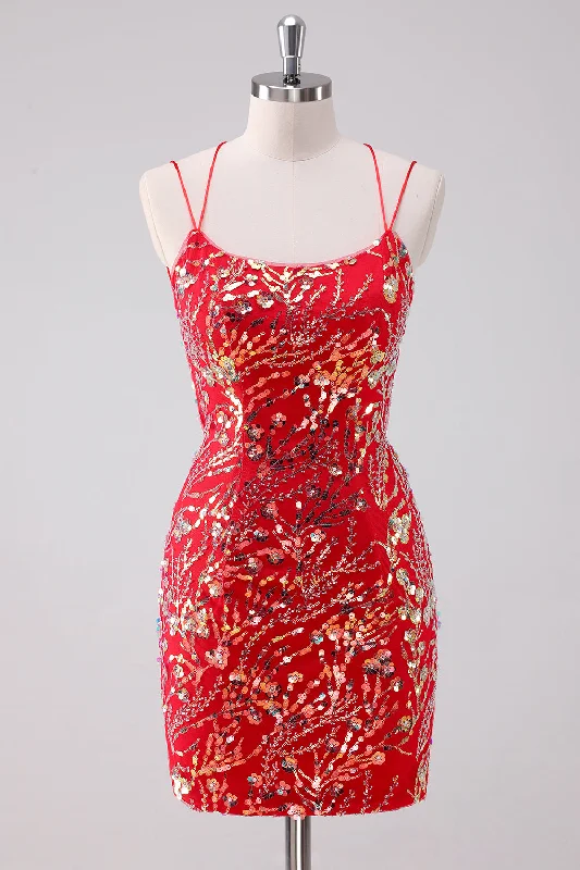 "Midi dresses for women with unique patterns"Glitter Red Spaghetti Straps Sequins Bodycon Short Homecoming Dress "Midi dresses for women with unique patterns"Glitter Red Spaghetti Straps Sequins Bodycon Short Homecoming Dress