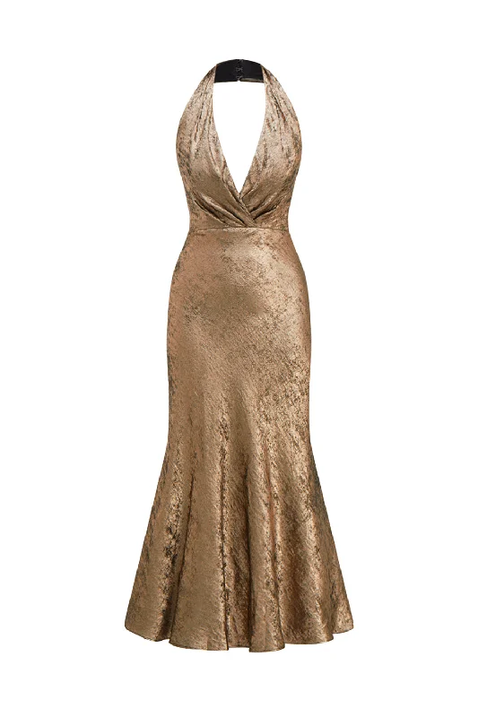 "Floral print dresses for women for a feminine look"Golden Halter Neck Mermaid Satin Midi Cocktail Dress "Floral print dresses for women for a feminine look"Golden Halter Neck Mermaid Satin Midi Cocktail Dress