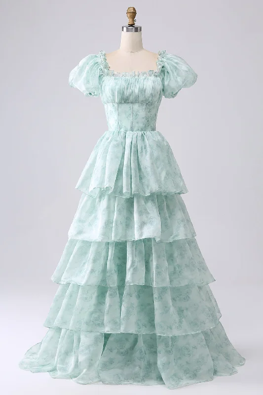 "Sequined dresses for women to shine at parties"Green A Line Square Neck Tiered Long Prom Dress with Ruffles "Sequined dresses for women to shine at parties"Green A Line Square Neck Tiered Long Prom Dress with Ruffles