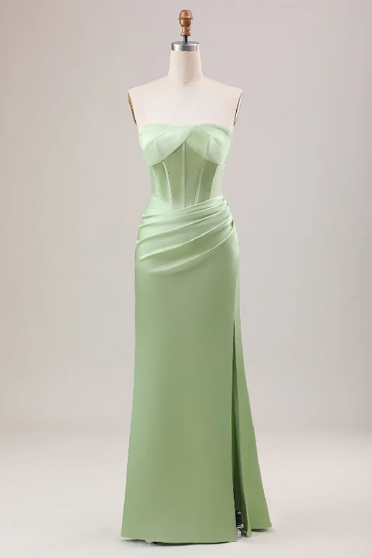 "Designer - inspired women's evening dresses"Green Sheath Corset Strapless Long Bridesmaid Dress With Slit "Designer - inspired women's evening dresses"Green Sheath Corset Strapless Long Bridesmaid Dress With Slit