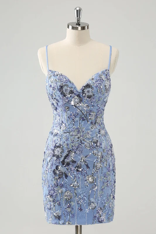 "Bodycon dresses for women to show off curves"Grey Blue Spaghetti Straps Sequined Tight Homecoming Dress "Bodycon dresses for women to show off curves"Grey Blue Spaghetti Straps Sequined Tight Homecoming Dress