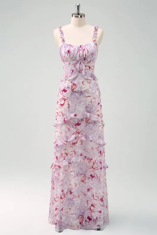 "Off - shoulder dresses for women to show off collarbones"Grey Purple Mermaid Spaghetti Straps Floral Long Bridesmaid Dress "Off - shoulder dresses for women to show off collarbones"Grey Purple Mermaid Spaghetti Straps Floral Long Bridesmaid Dress