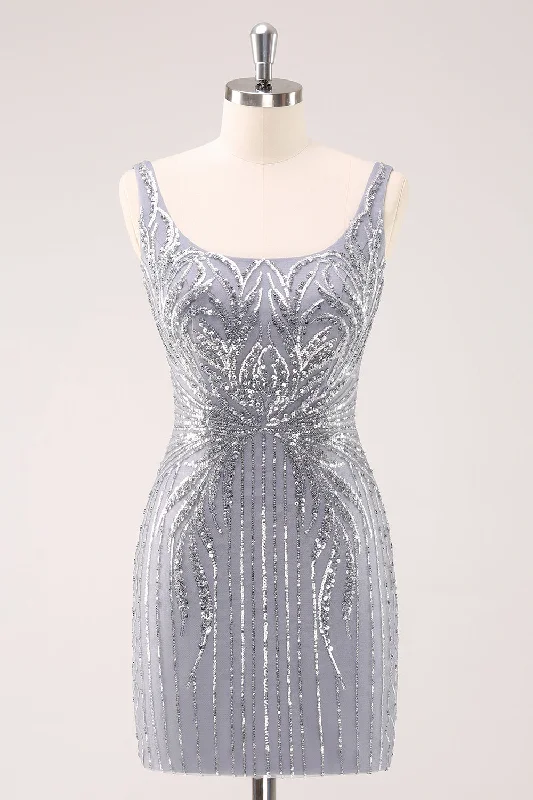 "Wrap dresses for women for an adjustable fit"Sparkly Grey Square Neck Short Tight Homecoming Dress with Sequins "Wrap dresses for women for an adjustable fit"Sparkly Grey Square Neck Short Tight Homecoming Dress with Sequins