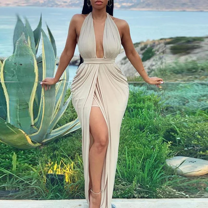 Maxi Dresses with Ruffled Trim for a Sweet and Girly LookFashionSierra - Halter Plunge Thigh Slit Maxi Dress