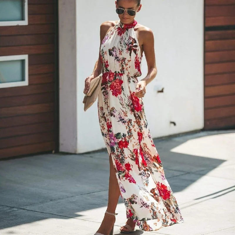 Maxi Dresses with Romantic Bows for a Feminine TouchFashionSierra - Halter Style Women Summer Floral Dress Casual Boho High Waist Long Maxi Holiday Party Sleeveless Loose Dress Clothes