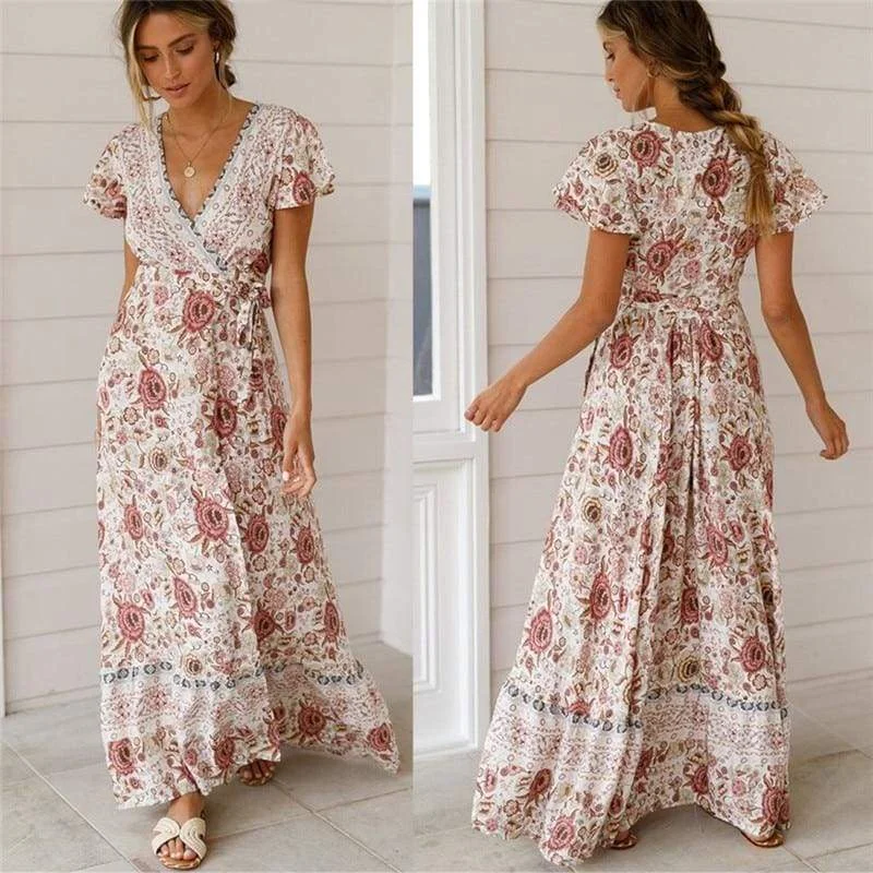 Mermaid - Hem Maxi Dresses for a Glamorous LookFashionSierra - Holiday Long Dress Women's Boho Dresses Lady Boho Floral V-neck Long Maxi Dress Summer Beachwear Sundress