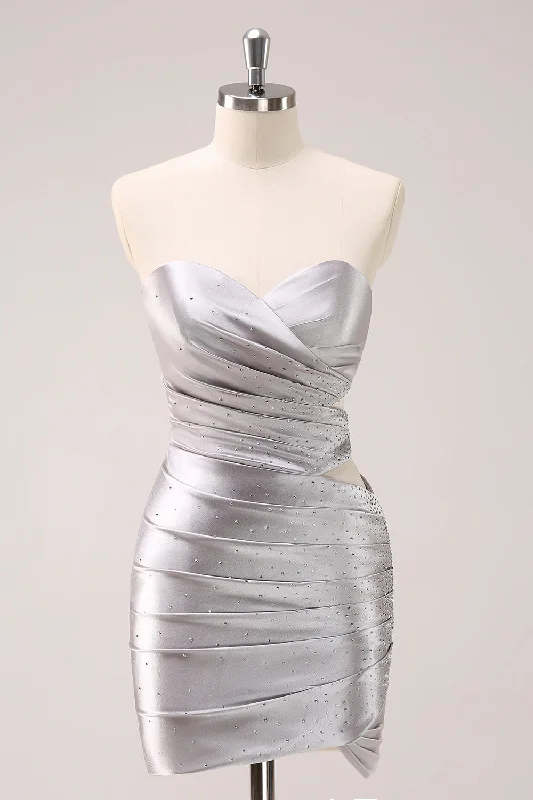 "VIP Sale: Extra 15% Off on Women's Dresses for Our Loyal Customers"Silver Strapless Hollow Out Pleated Tight Homecoming Dress with Beading "VIP Sale: Extra 15% Off on Women's Dresses for Our Loyal Customers"Silver Strapless Hollow Out Pleated Tight Homecoming Dress with Beading