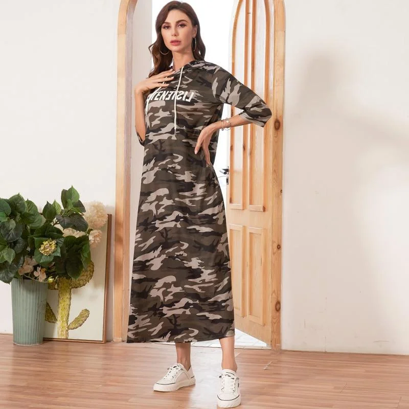 Maxi Dresses for Romantic Date NightsFashionSierra - Hooded Dress Women Camouflage Casual Letter Print Dresses Woman Three Quarter Sleeve Ladies Maxi Dress