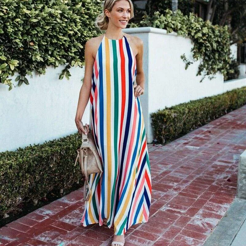 Maxi Dresses with Metal Accessories for a Trendy EdgeFashionSierra - HOT Women Sling Backless Dress Summer Sexy Ladies Sleeveless Beach Stripe Evening Party Long Maxi Sundress