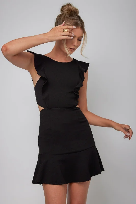 "Chiffon dresses for women with a flowy and light feel"Jackie Wide Ruffle Hem Pinafore Dress Black "Chiffon dresses for women with a flowy and light feel"Jackie Wide Ruffle Hem Pinafore Dress Black