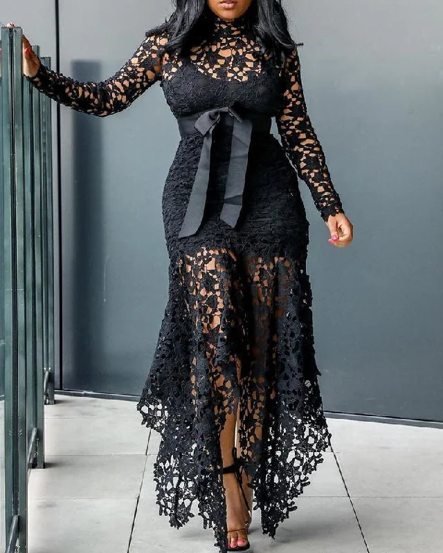 Maxi Dresses for Christmas PartiesFashionSierra - Lace See Through Dress & Lining Sets