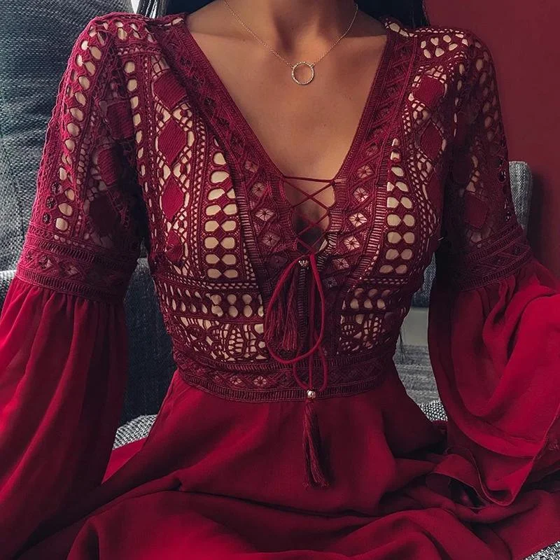 Korean - Style Sweet Maxi DressesFashionSierra - Lace Up Flare Sleeve A-line Dress Women
