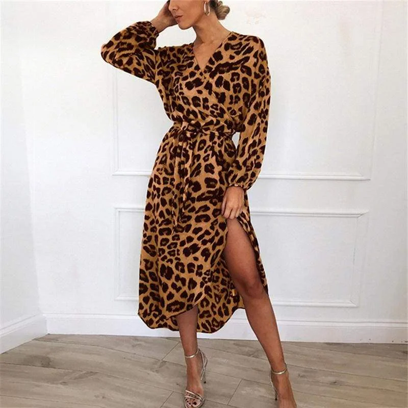 Maxi Dresses with Cross - Over Necklines for a Stylish LookFashionSierra - Leopard Dress Women Loose Long Sleeve Deep V-neck A-line Dress