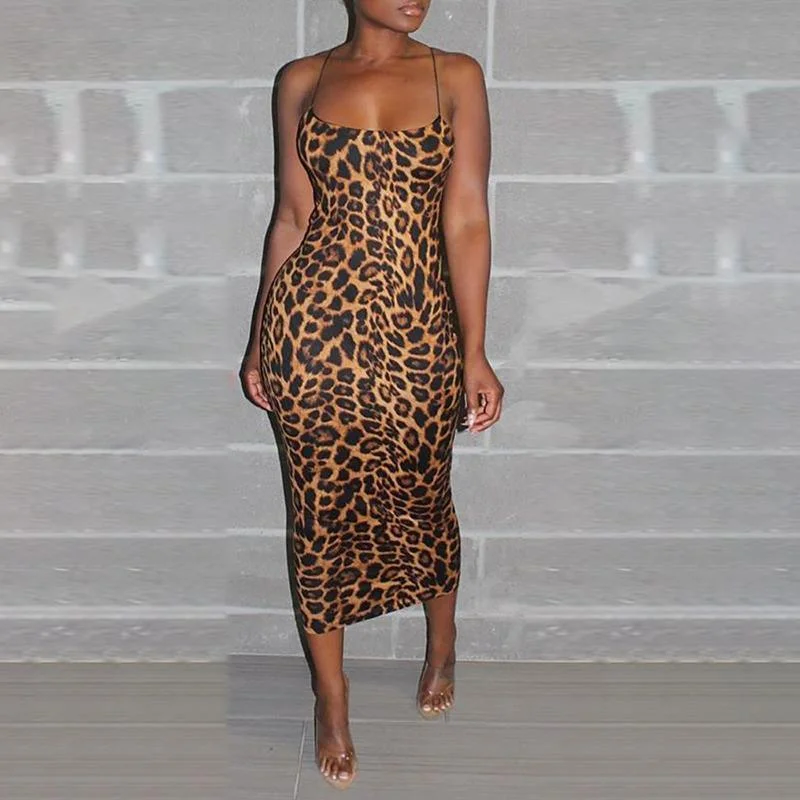 Maxi Dresses for Outdoor Picnics in the SummerFashionSierra - Leopard print chiffon dress women Sleeveless thin strap midi summer dress party dresses robe femme vestidos mujer