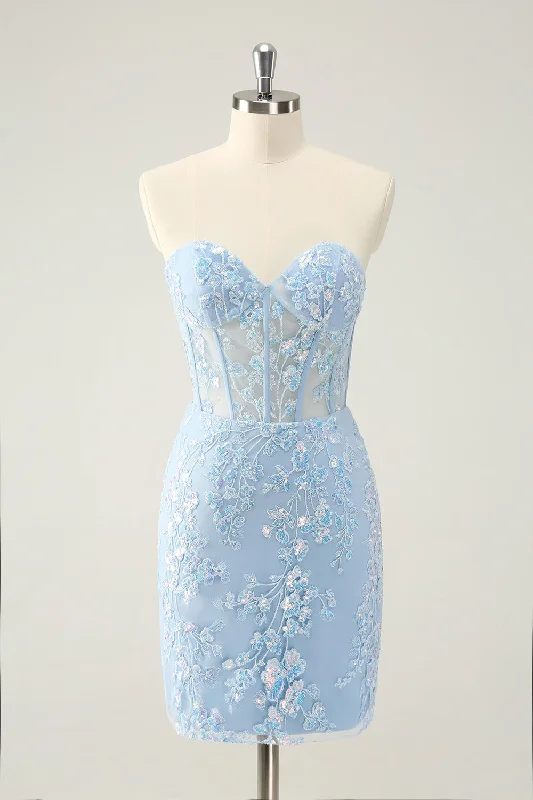"Hurry! Limited Stock - Get Your Dream Dress with a Special Discount"Light Blue Corset Sequins Sweetheart Short Tight Homecoming Dress with Lace-up Back