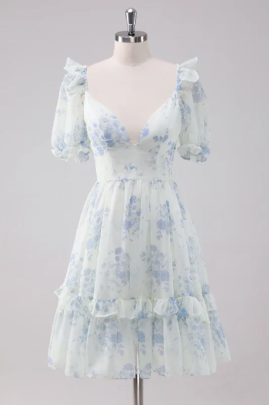 "Sustainable and eco - friendly women's dresses"Light Blue Floral Short Homecoming Dress with Short Sleeves "Sustainable and eco - friendly women's dresses"Light Blue Floral Short Homecoming Dress with Short Sleeves