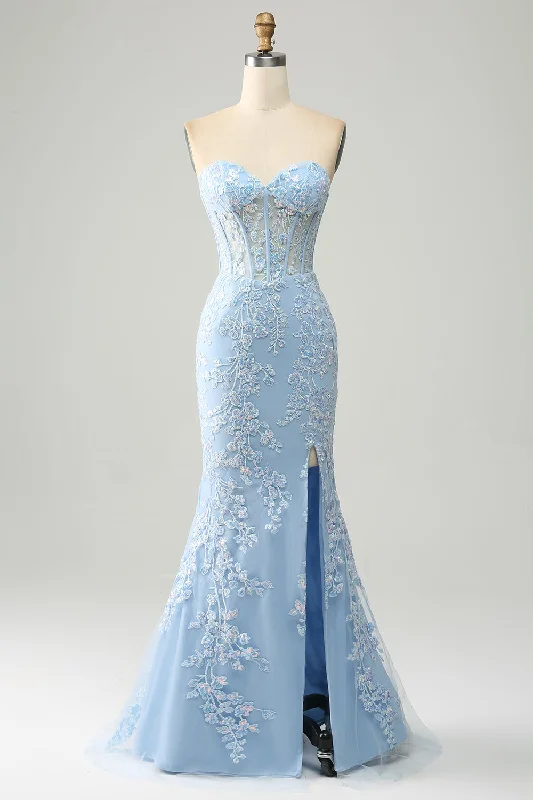 "Affordable plus size women's summer dresses"Light Blue Mermaid Sweetheart Corset Appliques Prom Dress With Side Slit "Affordable plus size women's summer dresses"Light Blue Mermaid Sweetheart Corset Appliques Prom Dress With Side Slit