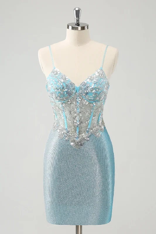 "Chiffon dresses for women with a flowy and light feel"Light Blue Spaghetti Straps Tight Corset Short Homecoming Dress with Sequins "Chiffon dresses for women with a flowy and light feel"Light Blue Spaghetti Straps Tight Corset Short Homecoming Dress with Sequins