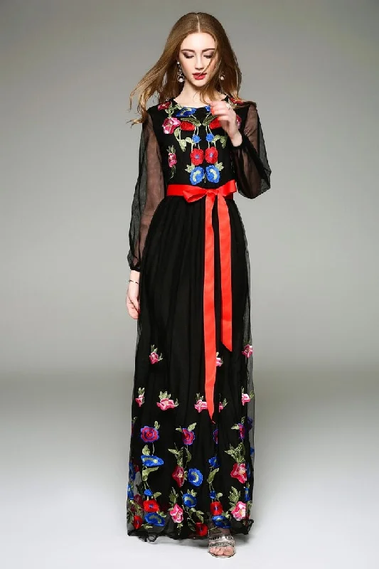 Breathable Chiffon Maxi Dresses for Hot DaysFashionSierra - Long Lantern Sleeves Floral Embroidery Sash Belt Elegant Maxi Dress