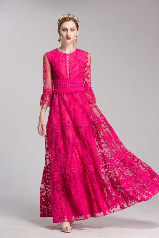 Maternity Maxi Dresses with Adjustable WaistsFashionSierra - Embroidery Lace Hollow Out Elegant Prom Maxi Dresses