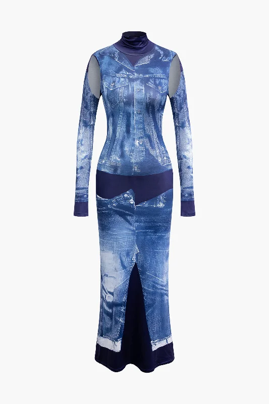 Bohemian Printed Maxi Dresses for Summer VacationsDenim Print Mock Neck Cut Out Long Sleeve Maxi Dress