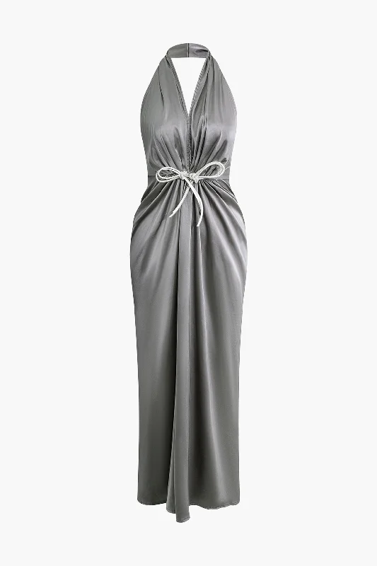 Maxi Dresses with Romantic Bows for a Feminine TouchSatin Backless Halter V-neck Ruched Maxi Dress With Tie