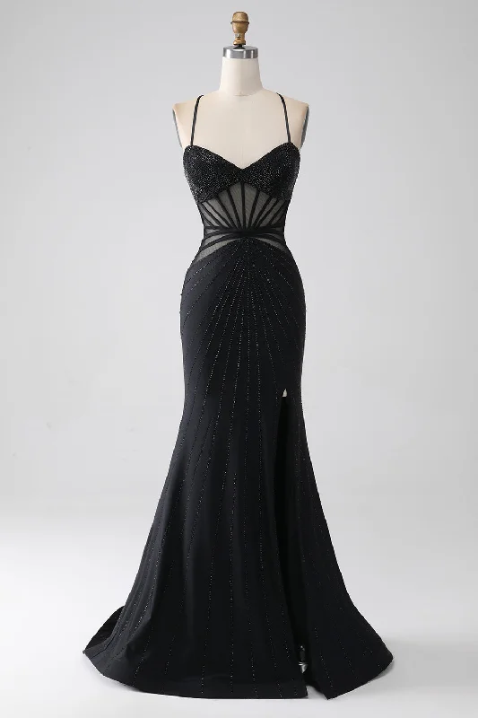 "Off - shoulder dresses for women to show off collarbones"Mermaid Black Spaghetti Straps Long Prom Dress with Slit