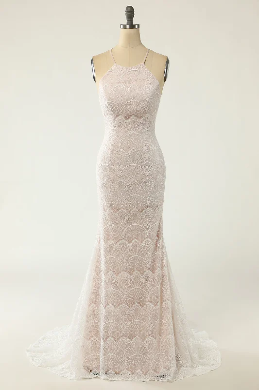 "Sleeveless dresses for women during hot summer days"Mermaid Halter White Lace Wedding Dress with Sweep Train "Sleeveless dresses for women during hot summer days"Mermaid Halter White Lace Wedding Dress with Sweep Train