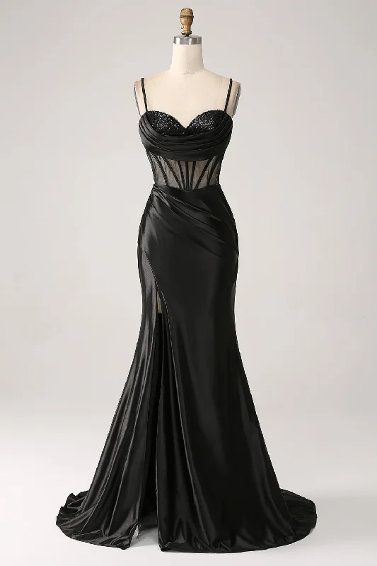 "Work - appropriate dresses for professional women"Mermaid Sweetheart Black Satin Long Prom Dress With Beading "Work - appropriate dresses for professional women"Mermaid Sweetheart Black Satin Long Prom Dress With Beading