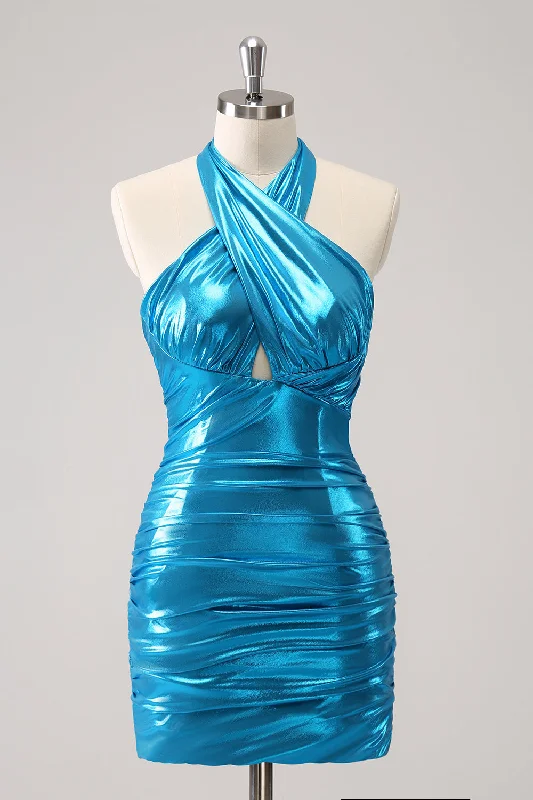 "Sleeveless dresses for women during hot summer days"Metallic Tight Halter Backless Satin Blue Homecoming Dress "Sleeveless dresses for women during hot summer days"Metallic Tight Halter Backless Satin Blue Homecoming Dress
