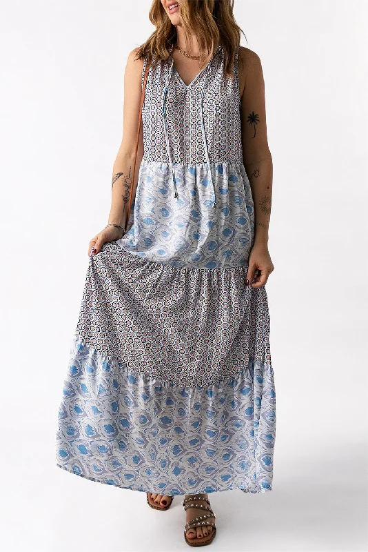 Maxi Dresses with Metallic Thread Embroidery for a Shiny and Luxurious LookMixed Print Tie-Neck Sleeveless Maxi Dress Maxi Dresses with Metallic Thread Embroidery for a Shiny and Luxurious LookMixed Print Tie-Neck Sleeveless Maxi Dress
