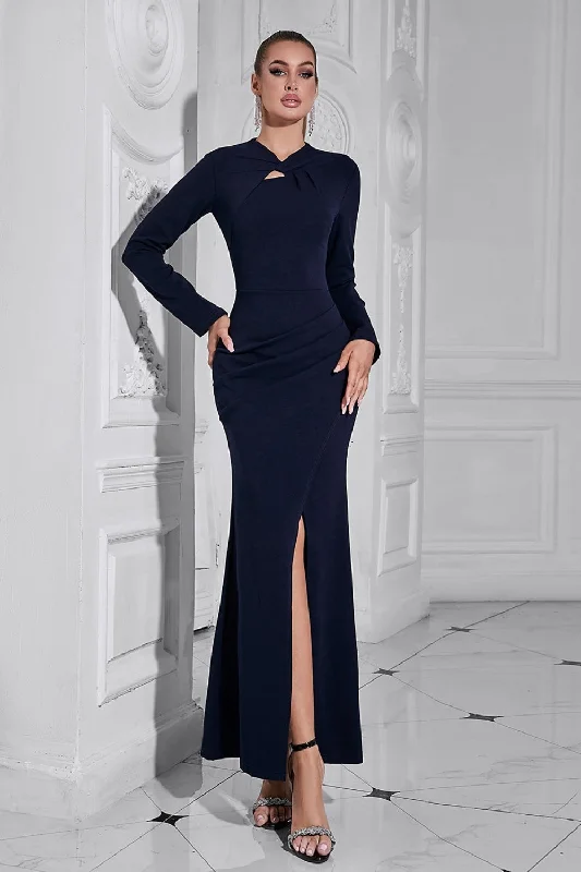 "Satin dresses for women for a luxurious appearance"Navy Mermaid Long Sleeves Hollow Out Long Prom Dress with Slit "Satin dresses for women for a luxurious appearance"Navy Mermaid Long Sleeves Hollow Out Long Prom Dress with Slit