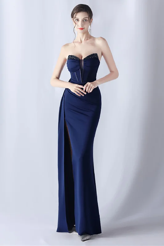 "Bohemian - style women's dresses for music festivals"Navy Mermaid Strapless Long Corset Prom Dress with Slit "Bohemian - style women's dresses for music festivals"Navy Mermaid Strapless Long Corset Prom Dress with Slit
