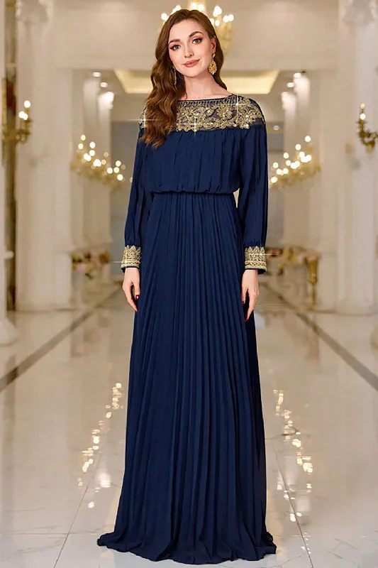 "Comfortable maternity dresses for pregnant women"Navy Pleated A Line Boat Neck Long Prom Dress "Comfortable maternity dresses for pregnant women"Navy Pleated A Line Boat Neck Long Prom Dress